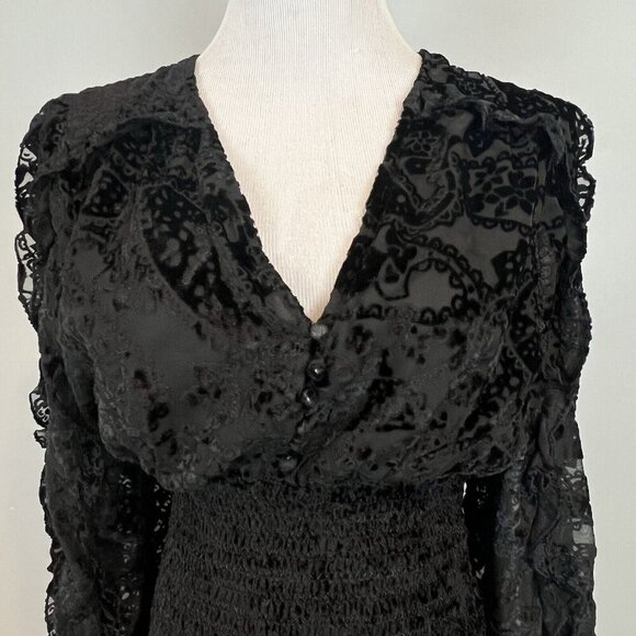 Rococo Sand Black Sade Mini Dress Size Large Velvet Burnout Smocked Bodice NWT - Picture 7 of 16